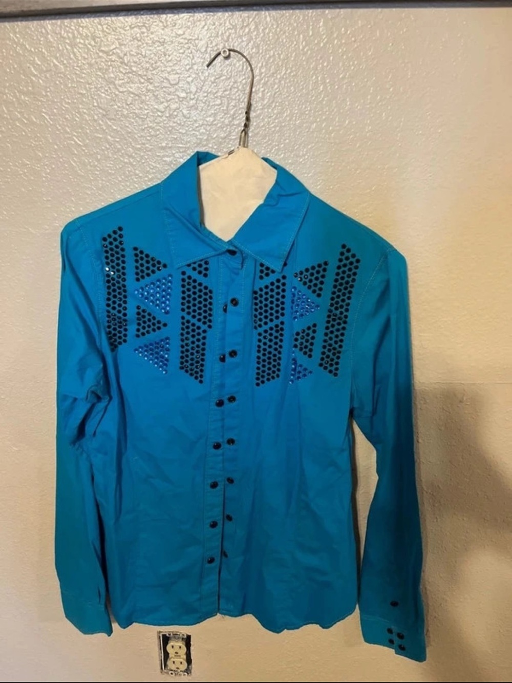 Womens Turquoise Button-Up Shirt Jacket with Studded Triangle Detail